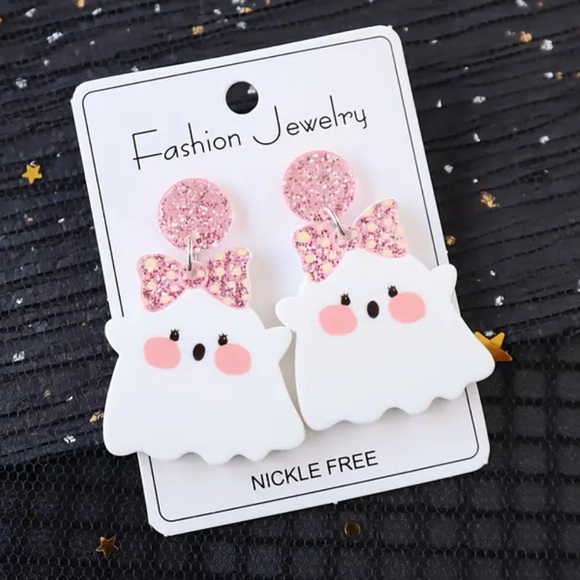Ghost With Pink Sparkle Bow Earrings 👻🎀👻🎀 - Picture 3 of 5